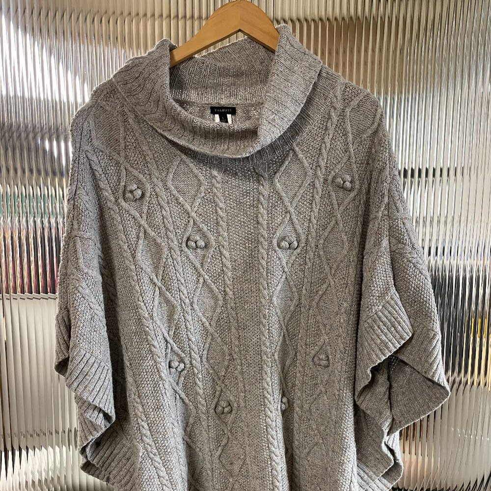 Size L Women's Talbots Cowl Neck Cable Knit Poncho Grey